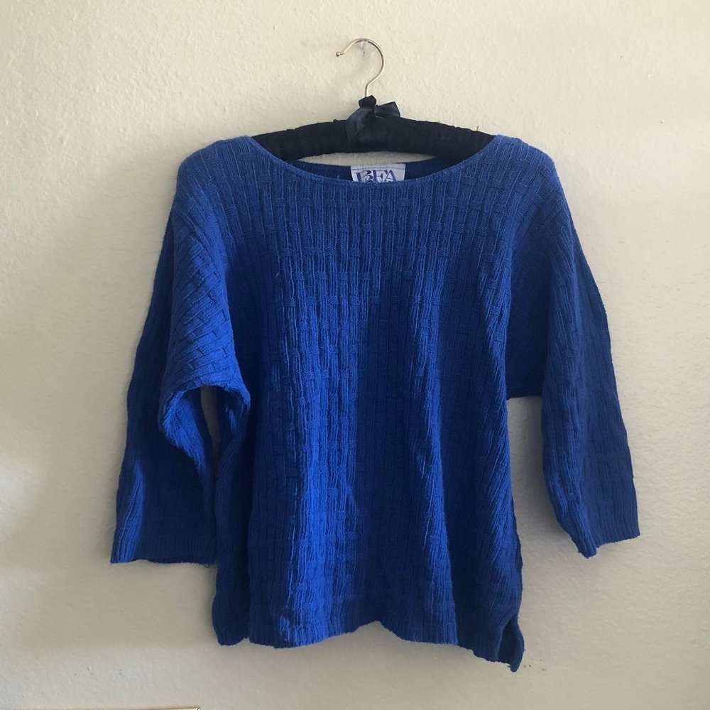 80s cobalt blue grid woven bat wing layering sweater